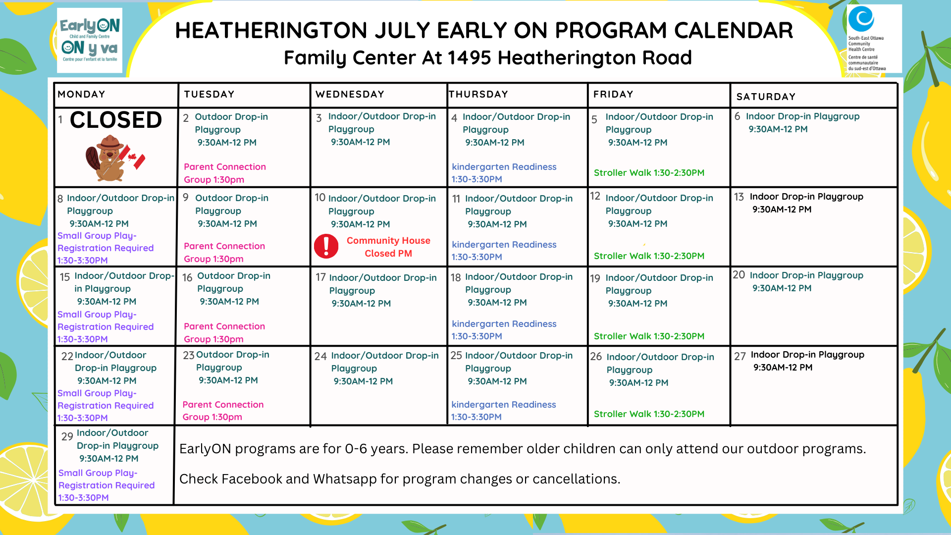 July 2024 Program Calendar for Early Years Families