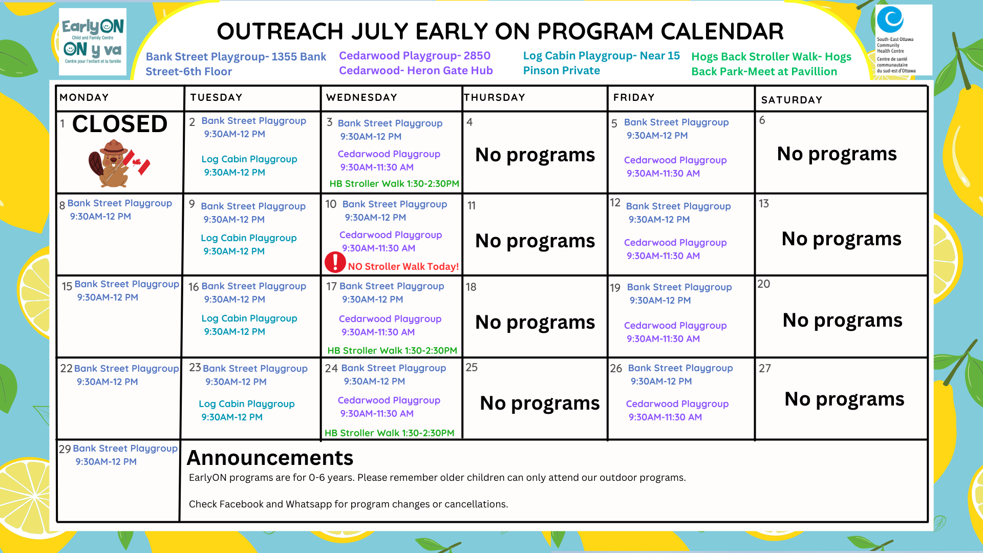 July 2024 Outreach Calendar of Early ON programs