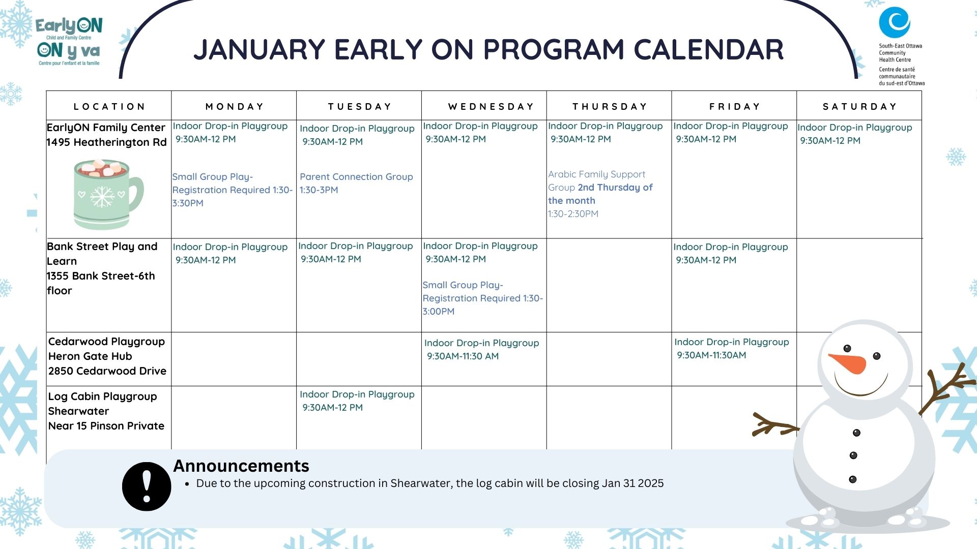 January programming calendar for EarlyON